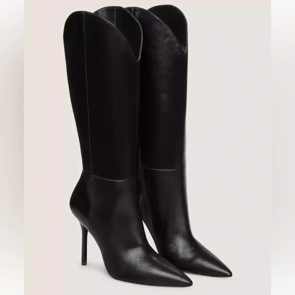 Stuart Weitzman Black Leather Over-the-Knee Pointed Toe Stiletto Boots - Picture 1 of 14